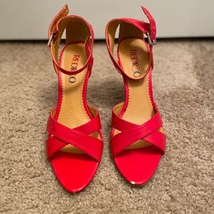 Redtco red open toed buckled wedge
